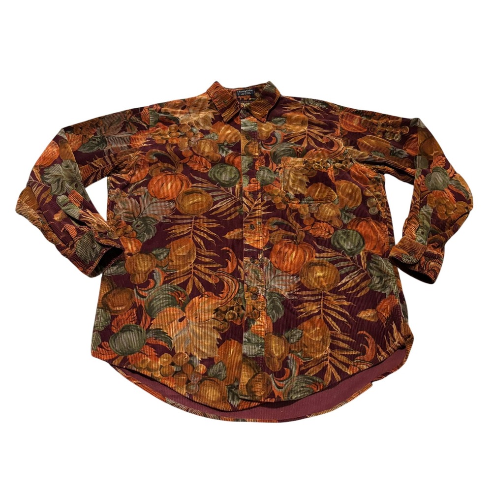 Chaps Ralph Lauren Mens Large Corduroy Harvest Pumpkin Print Button Down Shirt
